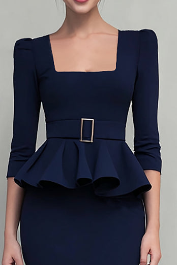 Navy Square Neck Pencil Ruffled Midi Work Dress with Belts