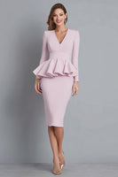 Load image into Gallery viewer, Pink Crepe Pencil V-Neck Long Sleeves Midi Work Dress with Ruffles