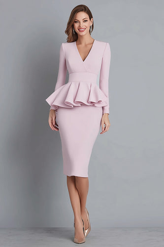 Pink Crepe Pencil V-Neck Long Sleeves Midi Work Dress with Ruffles