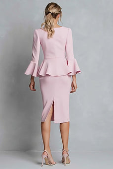 Pink Crepe Pencil V-Neck Long Sleeves Midi Work Dress with Ruffles