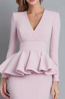 Load image into Gallery viewer, Pink Crepe Pencil V-Neck Long Sleeves Midi Work Dress with Ruffles