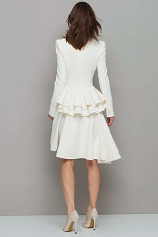 Ivory Satin A Line V-Neck Ruffled Short Work Dress with Sleeves