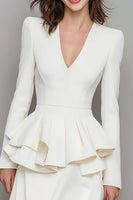 Load image into Gallery viewer, Ivory Satin A Line V-Neck Ruffled Short Work Dress with Sleeves