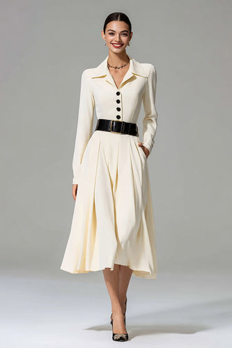 Ivory A Line Collar Neck Single Breasted Midi Work Dress with Pockets