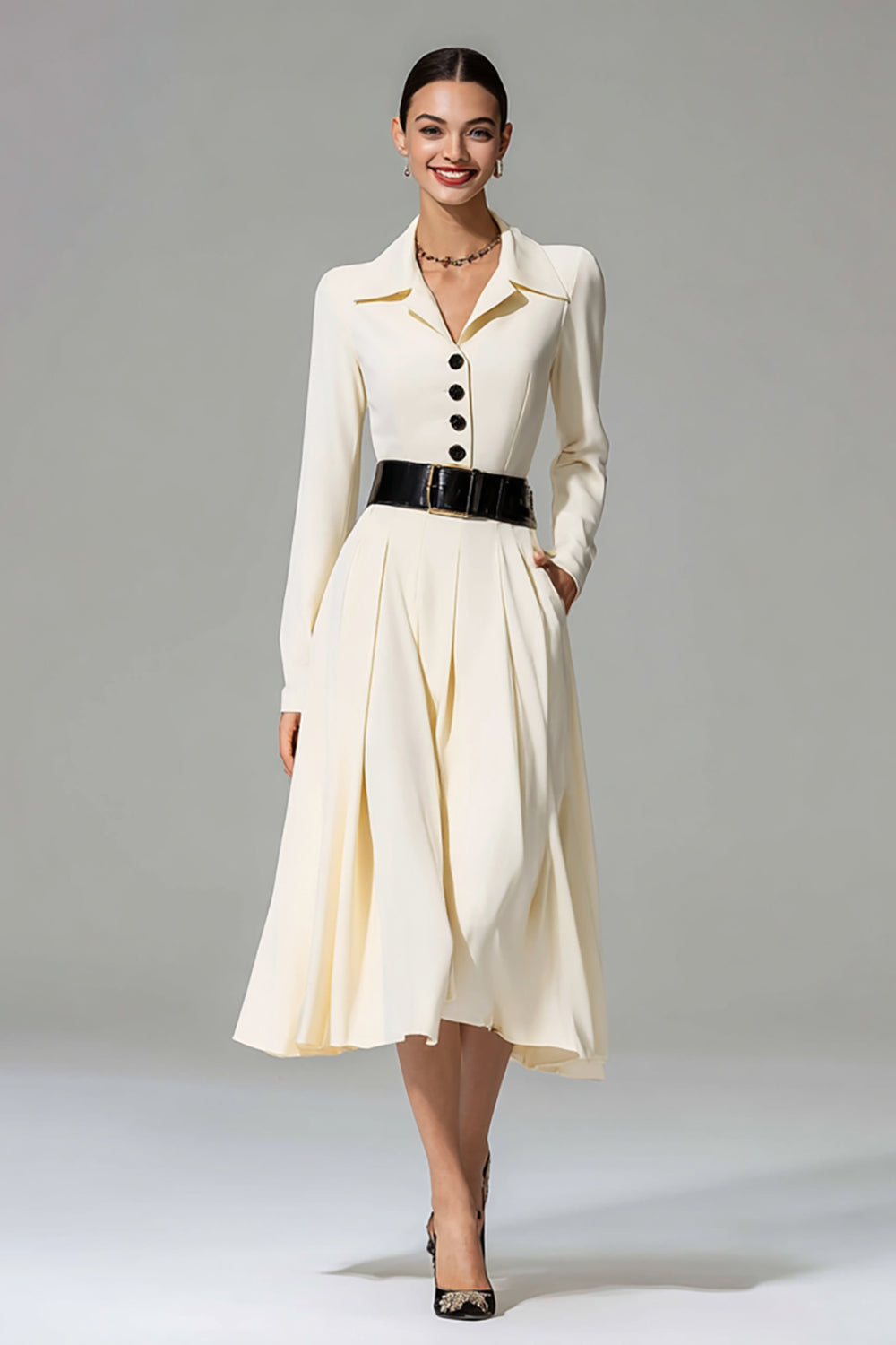 Ivory A Line Collar Neck Single Breasted Midi Work Dress with Pockets