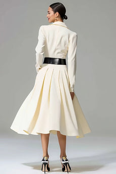 Ivory A Line Collar Neck Single Breasted Midi Work Dress with Pockets