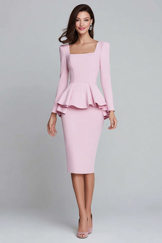 Pink Satin Pencil Square Neck Ruffled Midi Work Dress with Sleeves