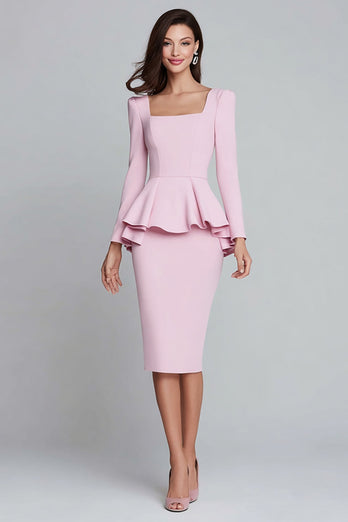Pink Satin Pencil Square Neck Ruffled Midi Work Dress with Sleeves