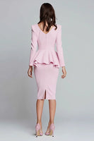 Load image into Gallery viewer, Pink Satin Pencil Square Neck Ruffled Midi Work Dress with Sleeves