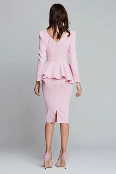 Pink Satin Pencil Square Neck Ruffled Midi Work Dress with Sleeves