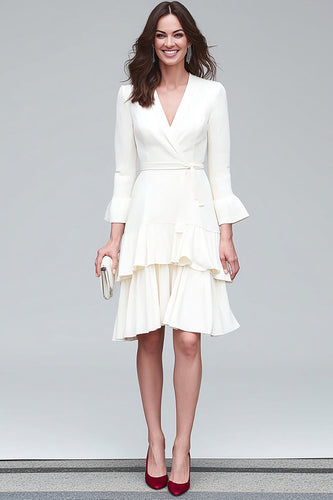 Ivory A Line V-Neck Satin Tiered Midi Work Dress with Sash