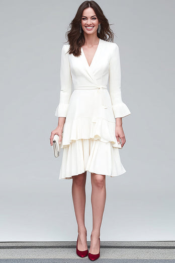 Ivory A Line V-Neck Satin Tiered Midi Work Dress with Sash