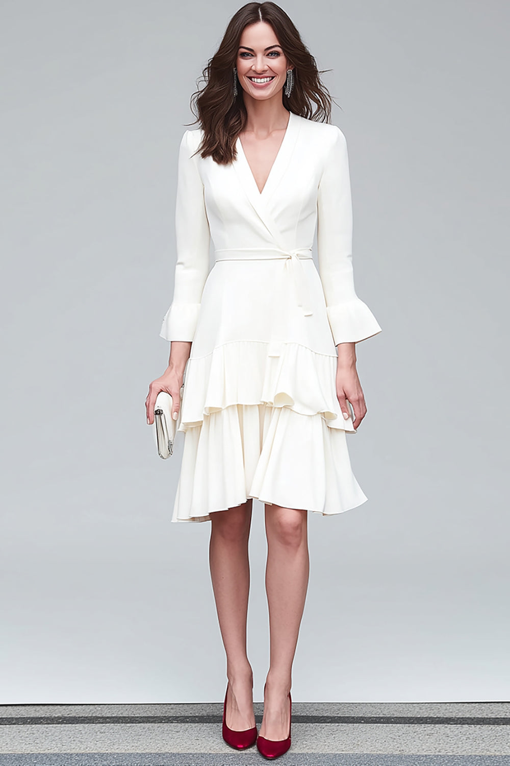 Ivory A Line V-Neck Satin Tiered Midi Work Dress with Sash