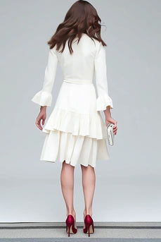 Ivory A Line V-Neck Satin Tiered Midi Work Dress with Sash