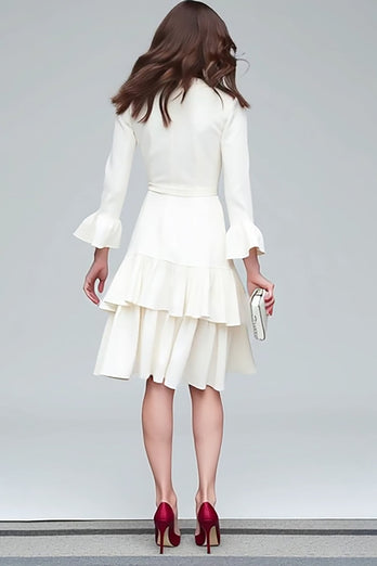 Ivory A Line V-Neck Satin Tiered Midi Work Dress with Sash