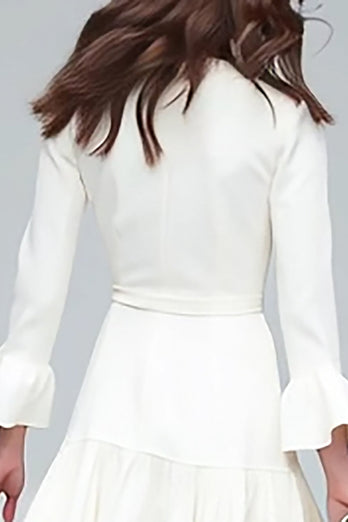 Ivory A Line V-Neck Satin Tiered Midi Work Dress with Sash