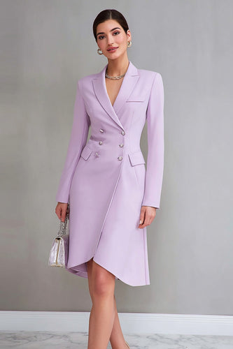 Lilac Satin Double Breasted Notched Lapel Midi Work Blazer Dress
