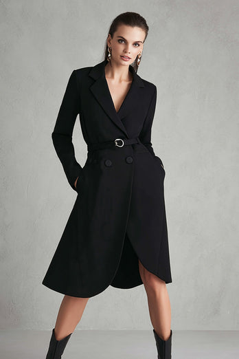 Black Satin Notched Lapel Long Sleeves Midi Blazer Dress with Pockets