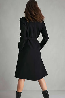 Black Satin Notched Lapel Long Sleeves Midi Blazer Dress with Pockets