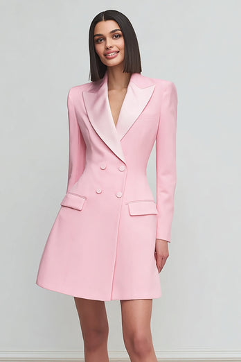 Pink Satin Peak Lapel Long Sleeves Double Breasted Short Blazer Dress