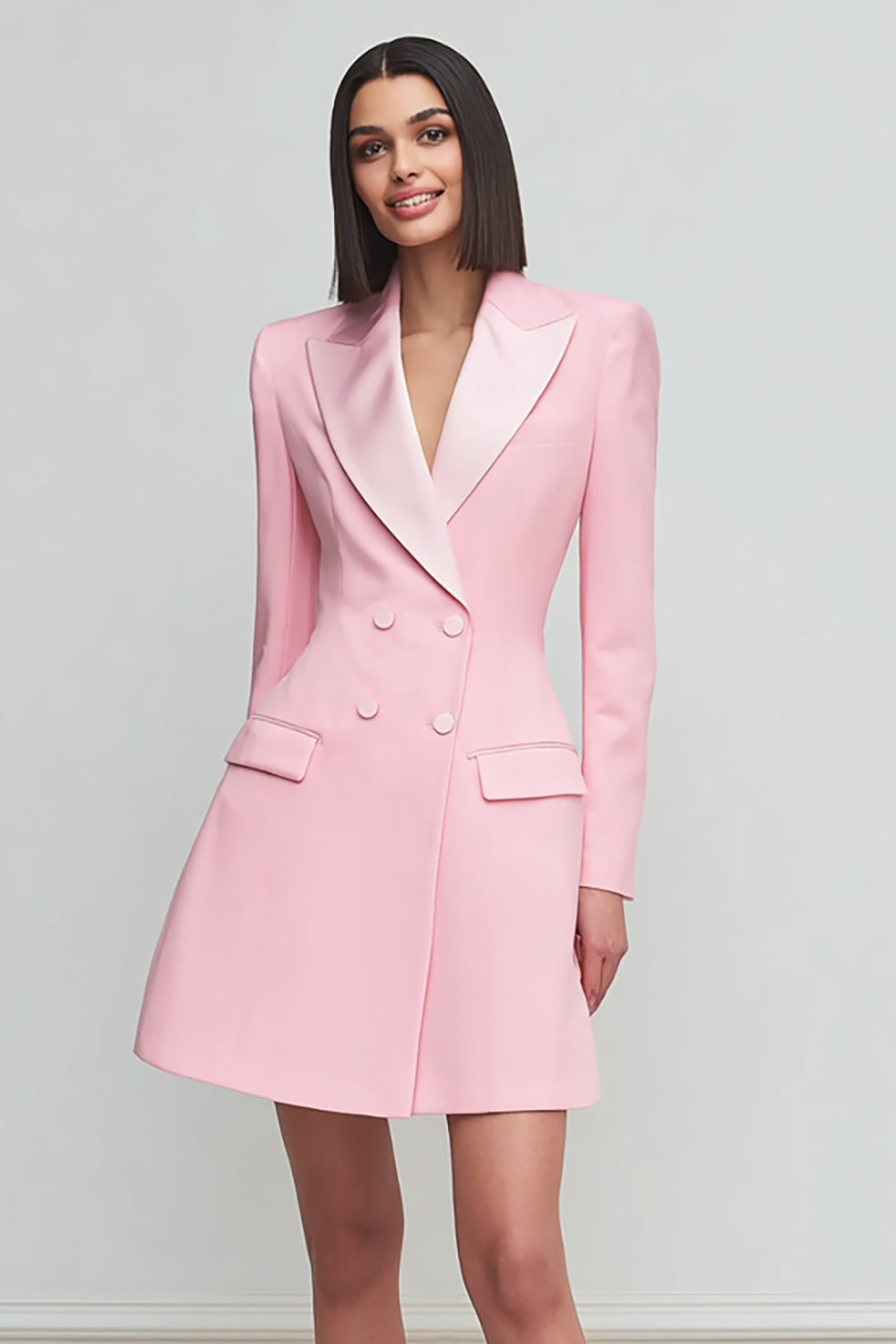 Pink Satin Peak Lapel Long Sleeves Double Breasted Short Blazer Dress
