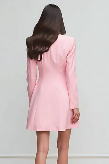 Pink Satin Peak Lapel Long Sleeves Double Breasted Short Blazer Dress