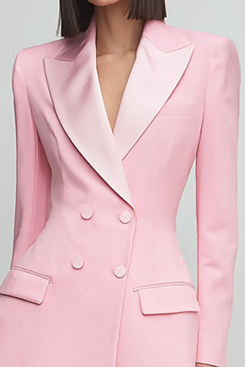 Pink Satin Peak Lapel Long Sleeves Double Breasted Short Blazer Dress