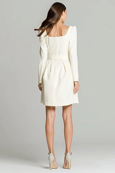 Ivory Satin Square Neck A Line Short Work Dress with Belts