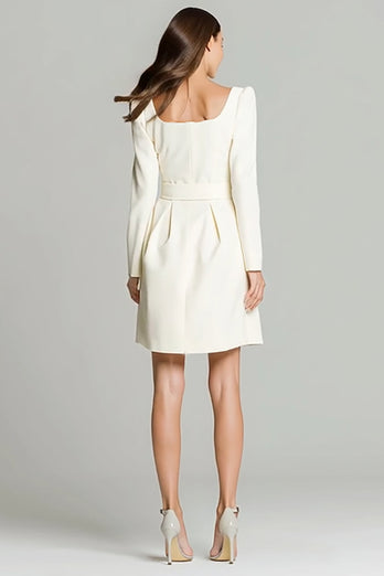 Ivory Satin Square Neck A Line Short Work Dress with Belts