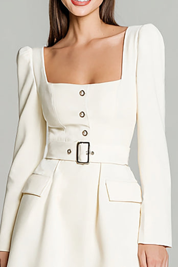 Ivory Satin Square Neck A Line Short Work Dress with Belts