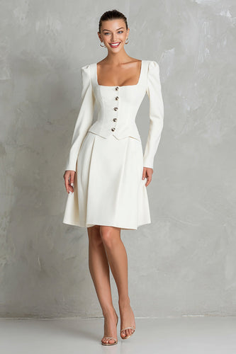 2 Piece Ivory A Line Square Neck Long Sleeves Midi Business Suits