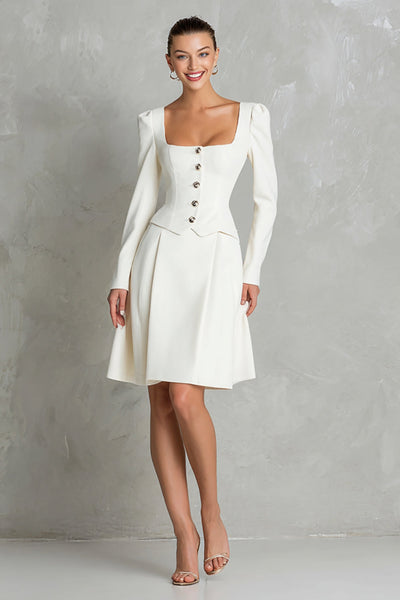 2 Piece Ivory A Line Square Neck Long Sleeves Midi Business Suits