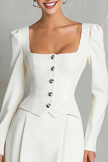 2 Piece Ivory A Line Square Neck Long Sleeves Midi Business Suits