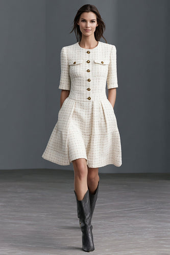 Ivory Tweed Round Neck A Line Midi Work Dress with Sleeves