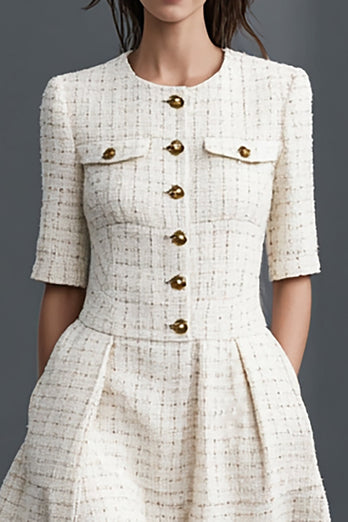Ivory Tweed Round Neck A Line Midi Work Dress with Sleeves