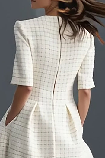 Ivory Tweed Round Neck A Line Midi Work Dress with Sleeves