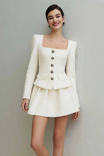 Ivory Tweed A Line 2 Piece Square Neck Short Homecoming Outfits
