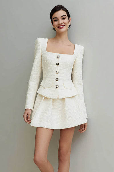 Ivory Tweed A Line 2 Piece Square Neck Short Homecoming Outfits