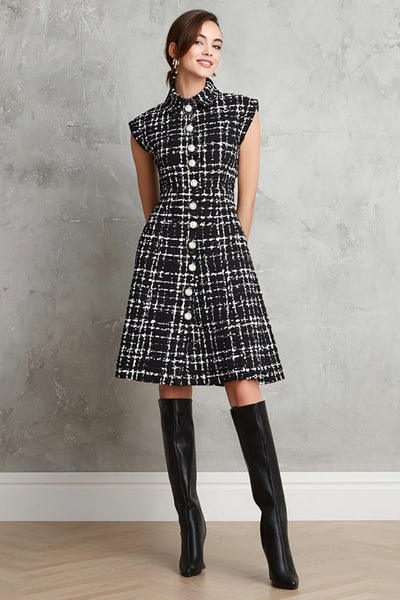 Black Tweed Plaid Single Breasted A Line Midi Interview Dress
