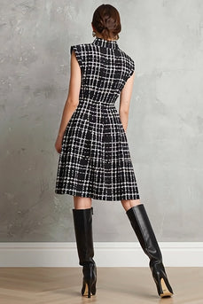 Black Tweed Plaid Single Breasted A Line Midi Interview Dress