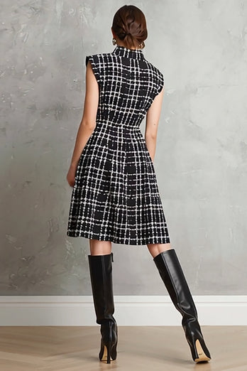 Black Tweed Plaid Single Breasted A Line Midi Interview Dress