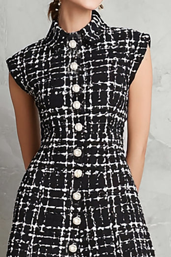 Black Tweed Plaid Single Breasted A Line Midi Interview Dress