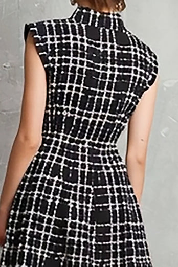 Black Tweed Plaid Single Breasted A Line Midi Interview Dress