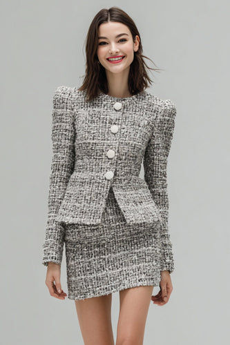 2 Piece Grey Tweed Single Breasted Short Homecoming Outfits with Sleeves