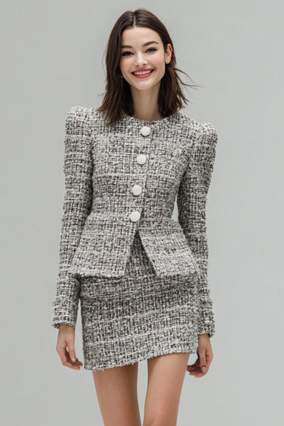 Queendancer Women Grey 2 Piece Tweed Short Homecoming Outfits with Sleeves Pencil Single Breasted Pageant Interview Suits