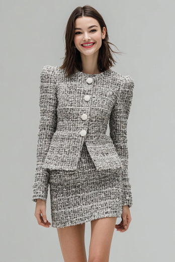 2 Piece Grey Tweed Single Breasted Short Homecoming Outfits with Sleeves