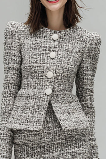 2 Piece Grey Tweed Single Breasted Short Homecoming Outfits with Sleeves