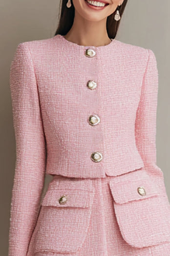 2 Piece Pink Single Breasted Tweed Short Homecoming Outfits