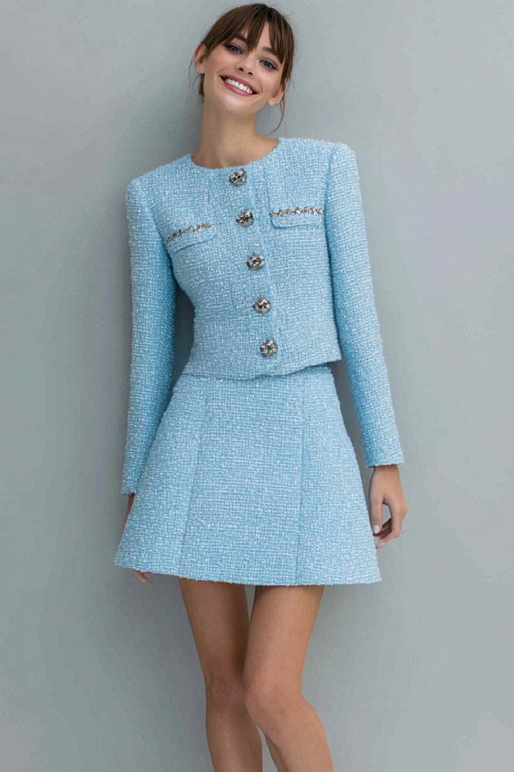 Light Blue 2 Piece Tweed Single Breasted Short Homecoming Outfits