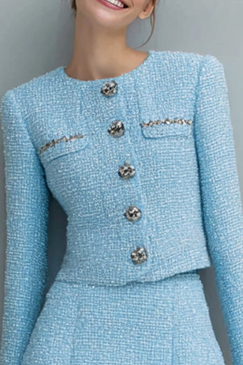 Light Blue 2 Piece Tweed Single Breasted Short Homecoming Outfits